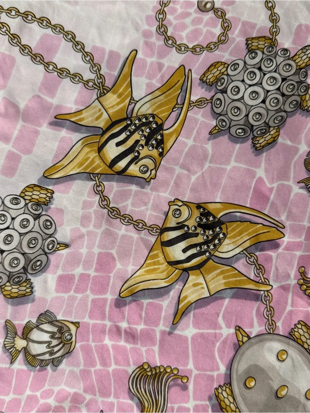 Cartier Vintage Pink and Gold Silk Scarf with Nautical Chain Motif